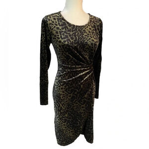 Tahari Animal Print Green/Black Long Sleeve Velour Dress Size XS